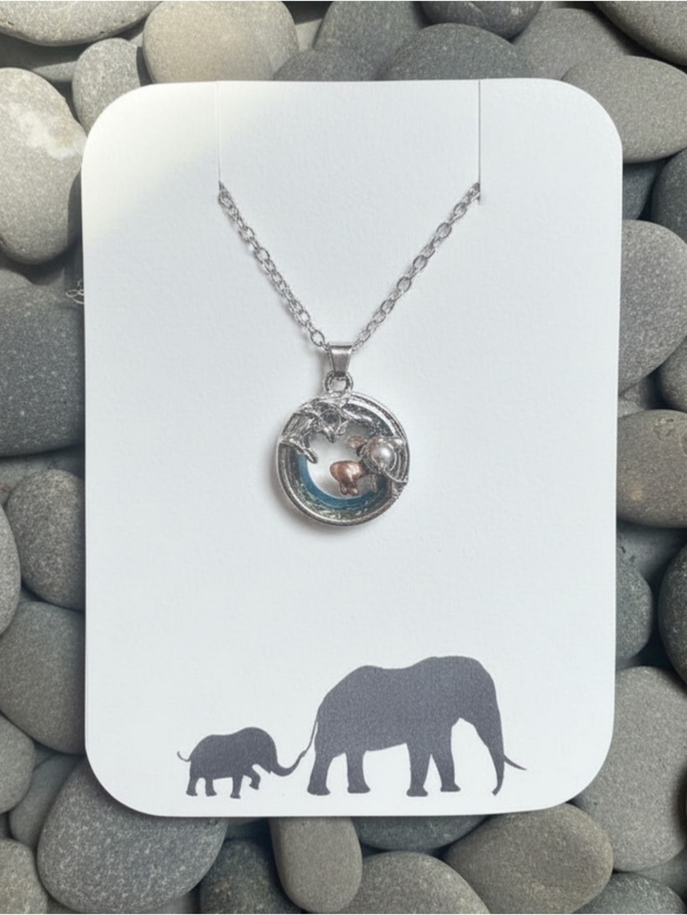 New Silver-Tone Mother and Baby Elephant Pendant Necklace